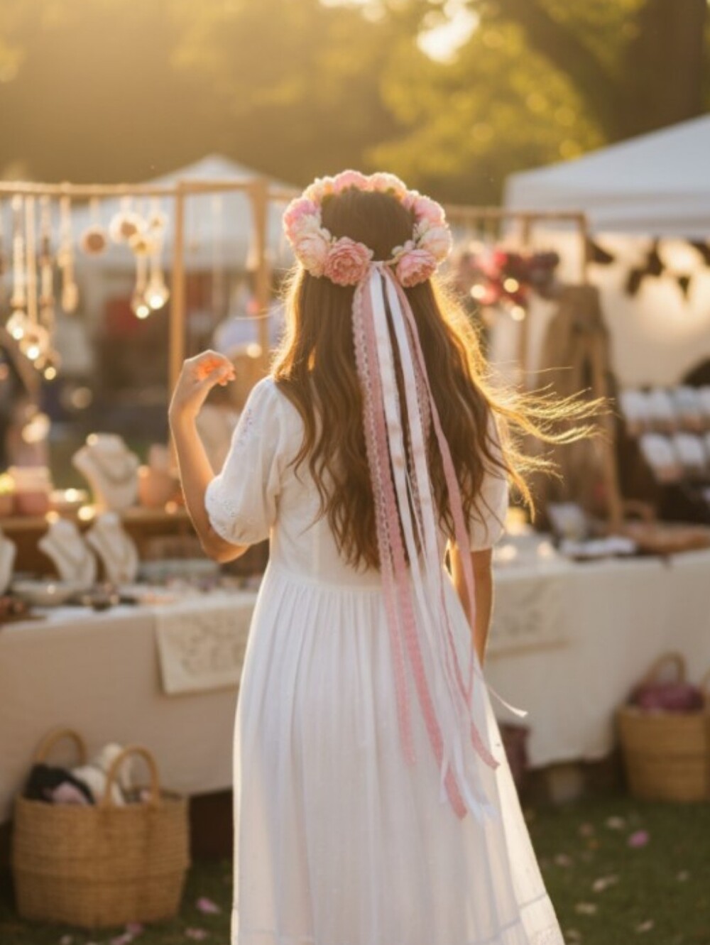 Pink Floral Flower Crown with Ribbon Tails
